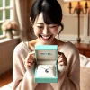 A young Japanese woman excitedly opening a Tiffany & Co. jewelry box in a well-lit, cozy room. She smiles joyfully as she admires the necklace inside. The background features soft, elegant decor with a warm and inviting atmosphere. Her expression conveys happiness and excitement.