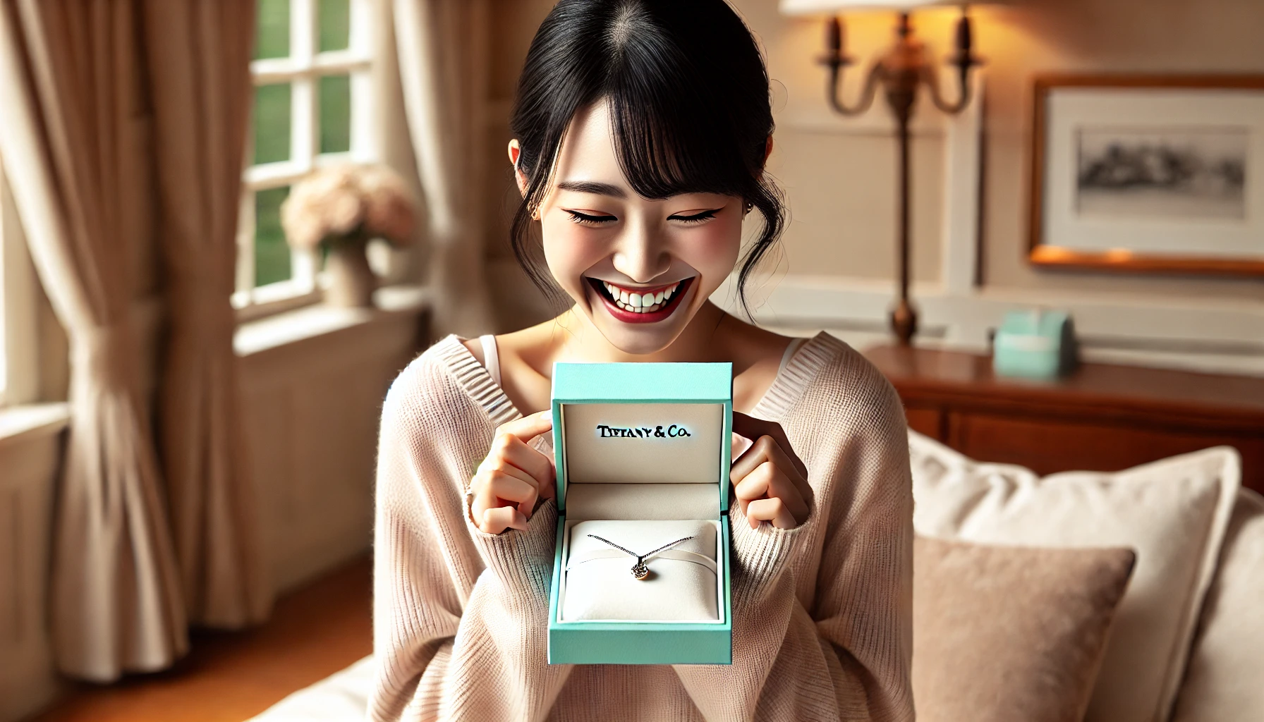 A young Japanese woman excitedly opening a Tiffany & Co. jewelry box in a well-lit, cozy room. She smiles joyfully as she admires the necklace inside. The background features soft, elegant decor with a warm and inviting atmosphere. Her expression conveys happiness and excitement.