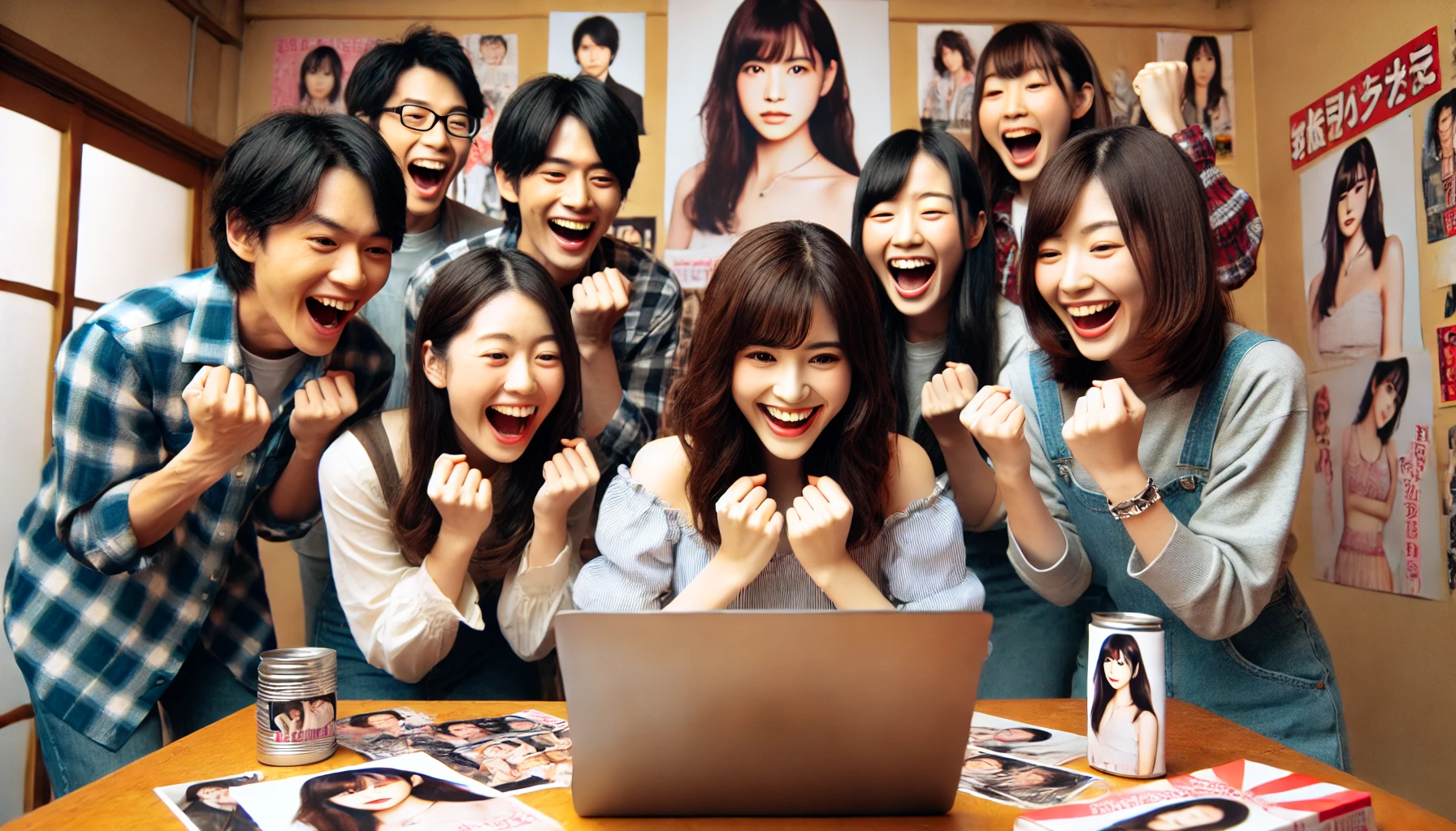 A group of excited Japanese fans looking at a laptop screen, smiling and celebrating as they discover the truth about their favorite actress’s academic choices. The background includes posters and memorabilia of the actress, creating a fan club atmosphere.