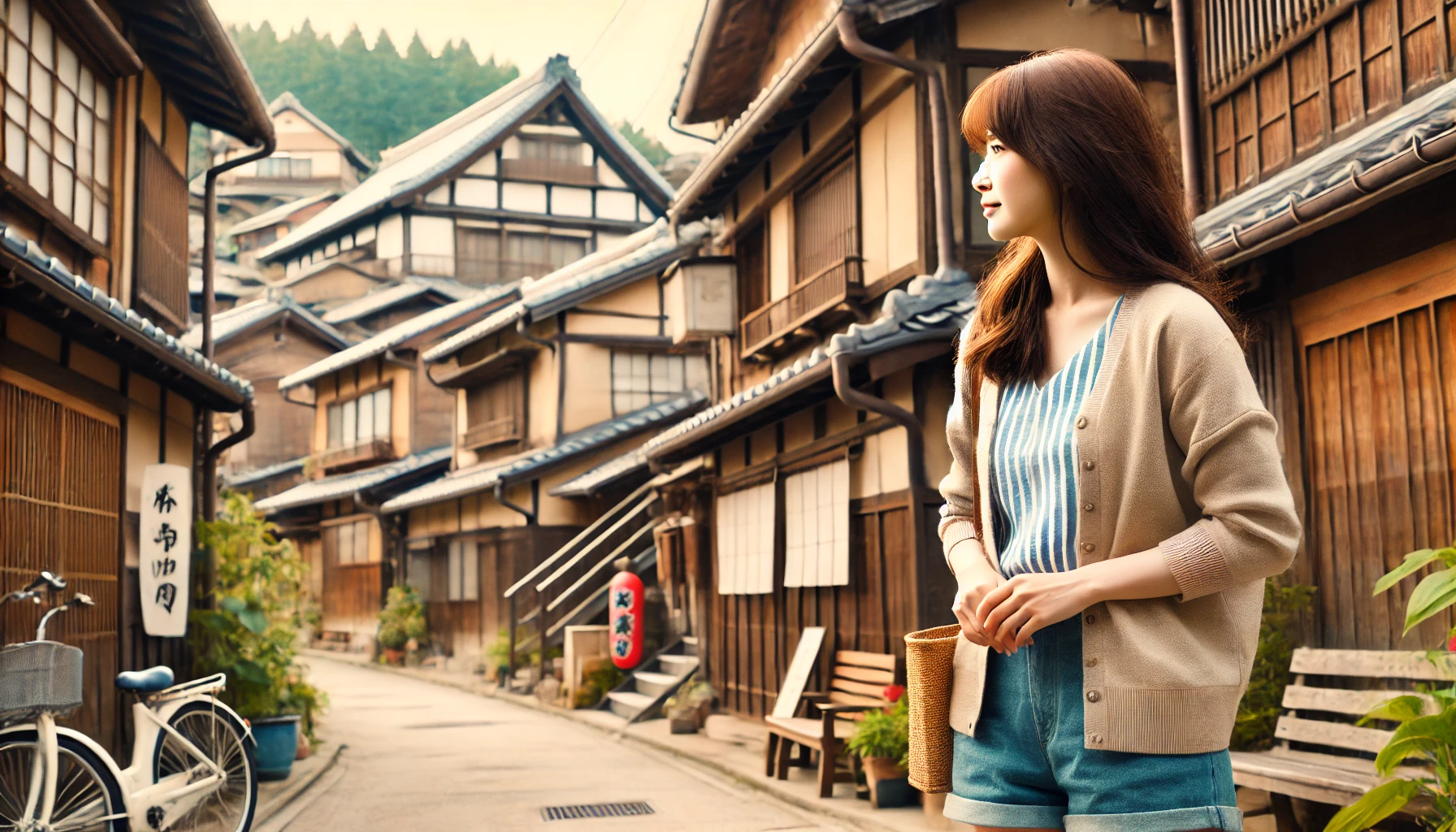 A nostalgic scene of a traditional Japanese town with wooden houses and narrow streets, symbolizing the roots and heritage of a Japanese actress. A young woman in casual attire walks through the town, appreciating the culture and history of her hometown.