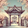 A digital illustration of a university campus with a grand entrance gate, surrounded by cherry blossom trees in full bloom. The scene represents the idea of higher education and the misconception about a Japanese actress attending university. The atmosphere is peaceful and inviting, with students walking in the background.