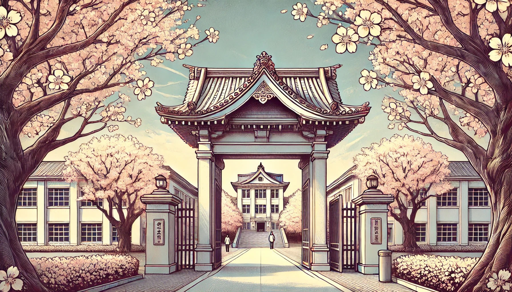 A digital illustration of a university campus with a grand entrance gate, surrounded by cherry blossom trees in full bloom. The scene represents the idea of higher education and the misconception about a Japanese actress attending university. The atmosphere is peaceful and inviting, with students walking in the background.