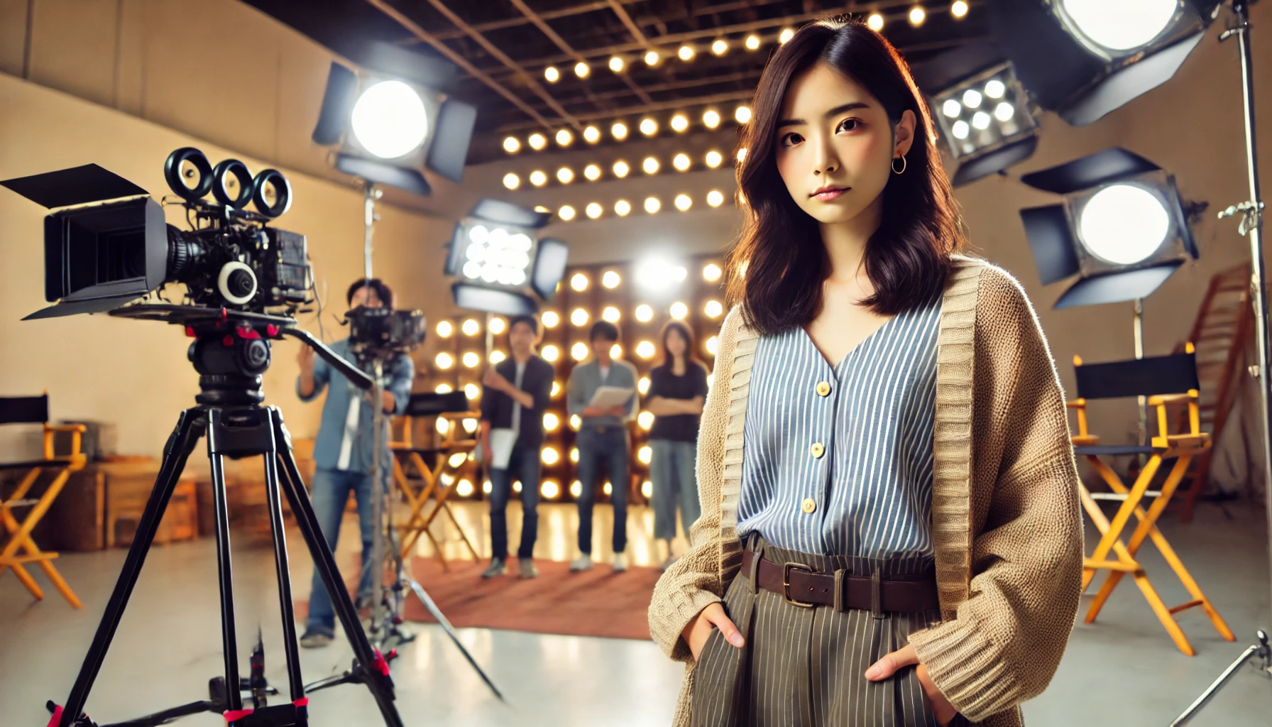 A Japanese actress standing confidently on a film set, dressed in stylish casual clothing, looking determined as she focuses on her acting career. The background includes studio lights, cameras, and crew members, symbolizing her choice to dedicate herself to entertainment rather than university.