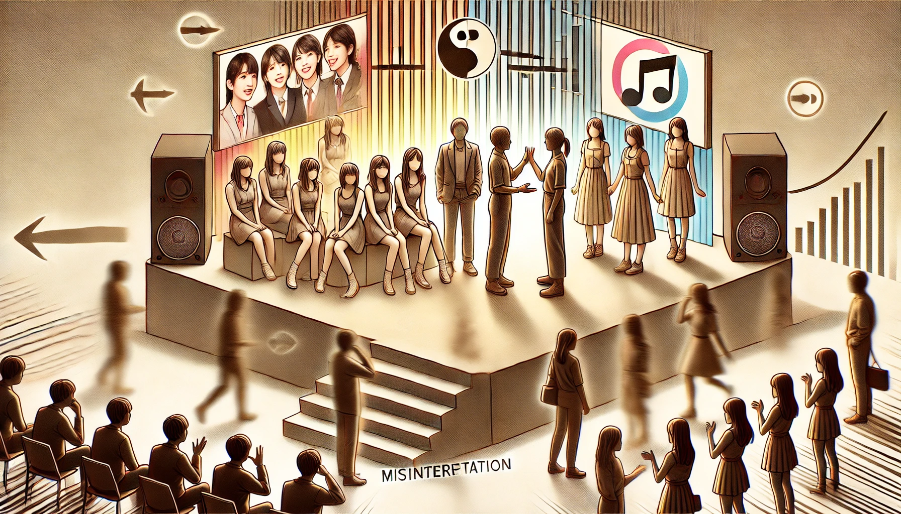 A conceptual illustration depicting the misunderstanding of the idol group '超ときめき宣伝部' being perceived as not getting along. The image should feature symbolic elements like a split stage, blurred conversations, and fans speculating in the background. The overall color tone should be neutral with slight tension, illustrating misinterpretation rather than actual conflict. Ensure the style is modern and engaging.