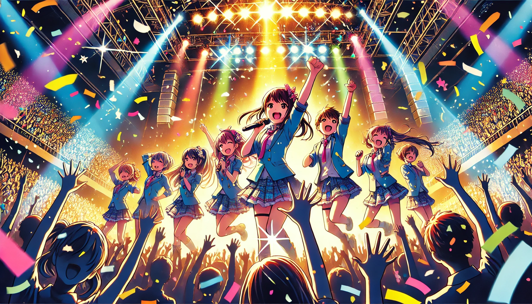 An energetic and colorful illustration showcasing the rising popularity of the idol group '超ときめき宣伝部'. The image should feature a bright concert scene with cheering fans, confetti, and dynamic lighting. The atmosphere should be lively and filled with excitement, emphasizing the group's increasing success and popularity. The members should be Japanese and appear joyful on stage.