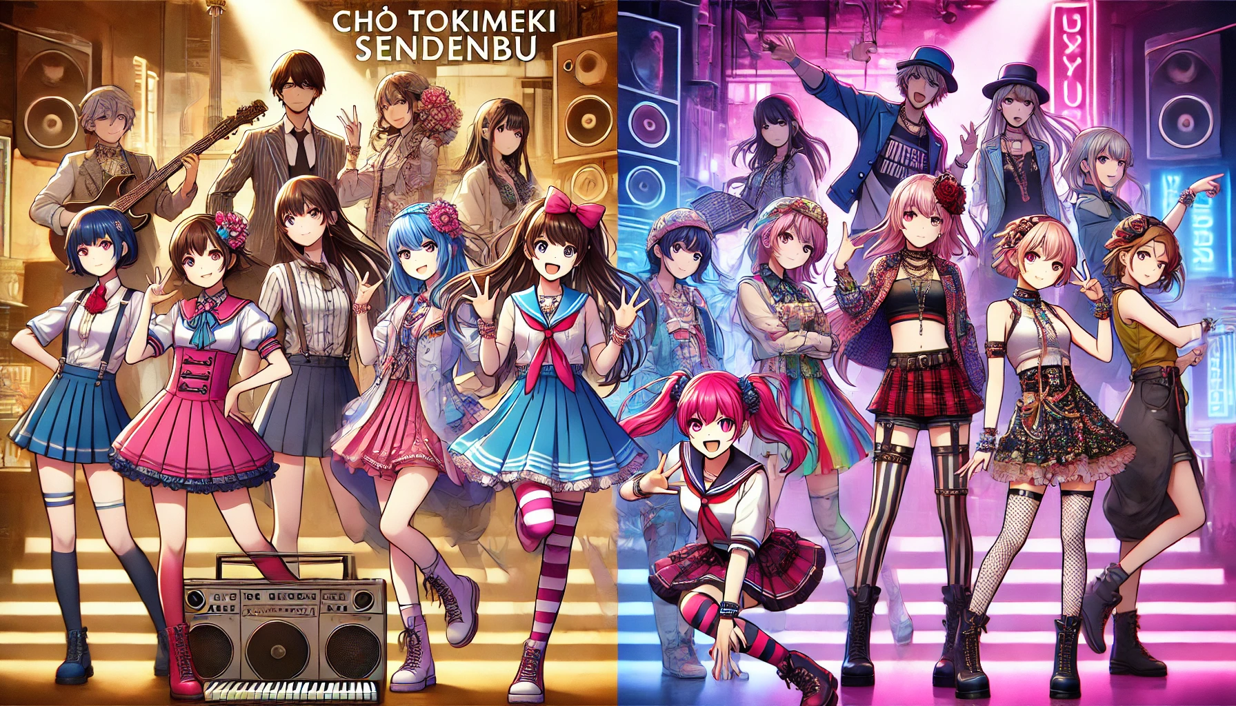 A side-by-side comparison of two Japanese idol groups: "Chō Tokimeki Sendenbu" (a 6-member group) and another 7-member idol group inspired by Harajuku culture. The image should visually represent their differences, showcasing contrasting fashion styles, stage presence, and group dynamics. One side features a more traditional idol look, while the other side embraces a modern Harajuku aesthetic. Bright and engaging composition.