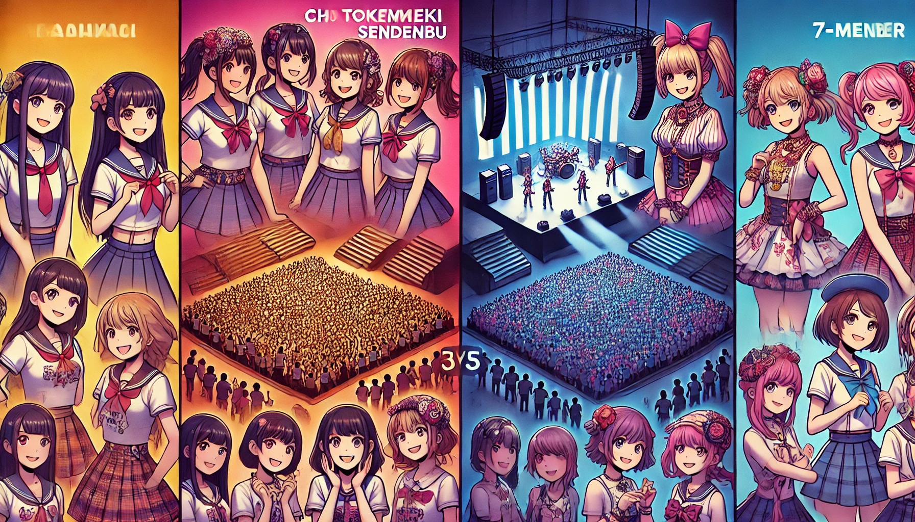 A visually engaging image comparing the popularity of two Japanese idol groups: "Chō Tokimeki Sendenbu" (6 members) and a Harajuku-inspired 7-member idol group. The image should highlight fan interactions, social media presence, and concert crowd size, with a colorful and dynamic design.