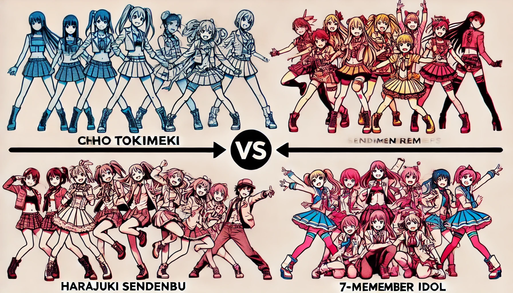 An image highlighting the similarities between two Japanese idol groups: "Chō Tokimeki Sendenbu" (6 members) and a Harajuku-inspired 7-member idol group. The image should depict their shared elements, such as energetic performances, vibrant costumes, and synchronized choreography, with a lively and engaging atmosphere.