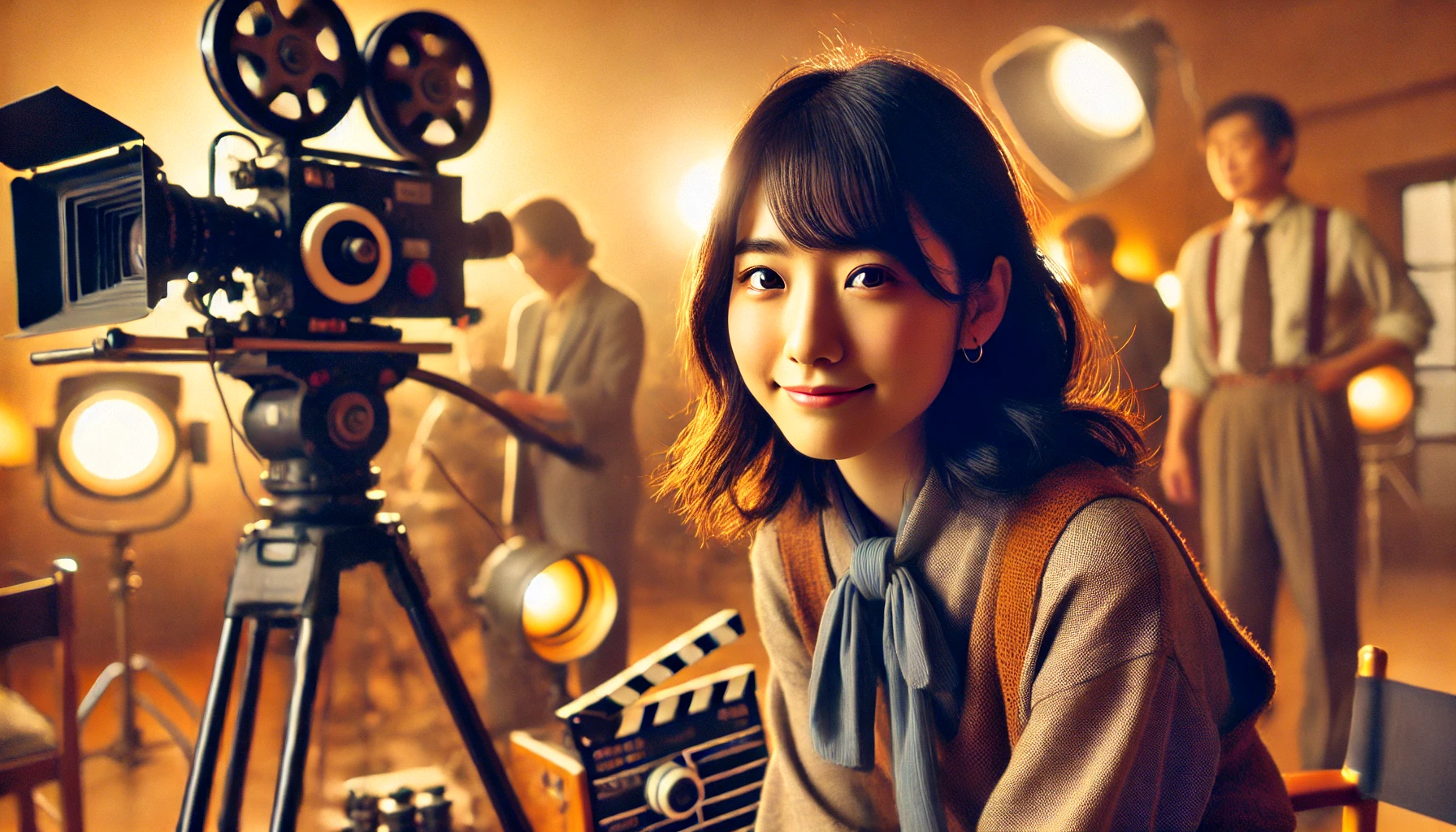 A nostalgic and cinematic image of young Japanese actress Suzu Hirose during her early acting days. The scene should depict her on a film set, dressed in casual yet stylish attire, with cameras and lighting equipment around. She should have a focused yet cheerful expression, capturing the essence of a rising actress in her formative years. The atmosphere should feel warm and inspiring.