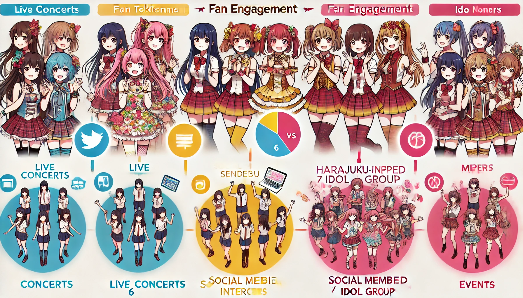 A comparative image showcasing the different fan engagement strategies of two Japanese idol groups: "Chō Tokimeki Sendenbu" (6 members) and a Harajuku-inspired 7-member idol group. The image should illustrate contrasting approaches such as live concerts, social media interaction, and promotional events, with a colorful and modern design.