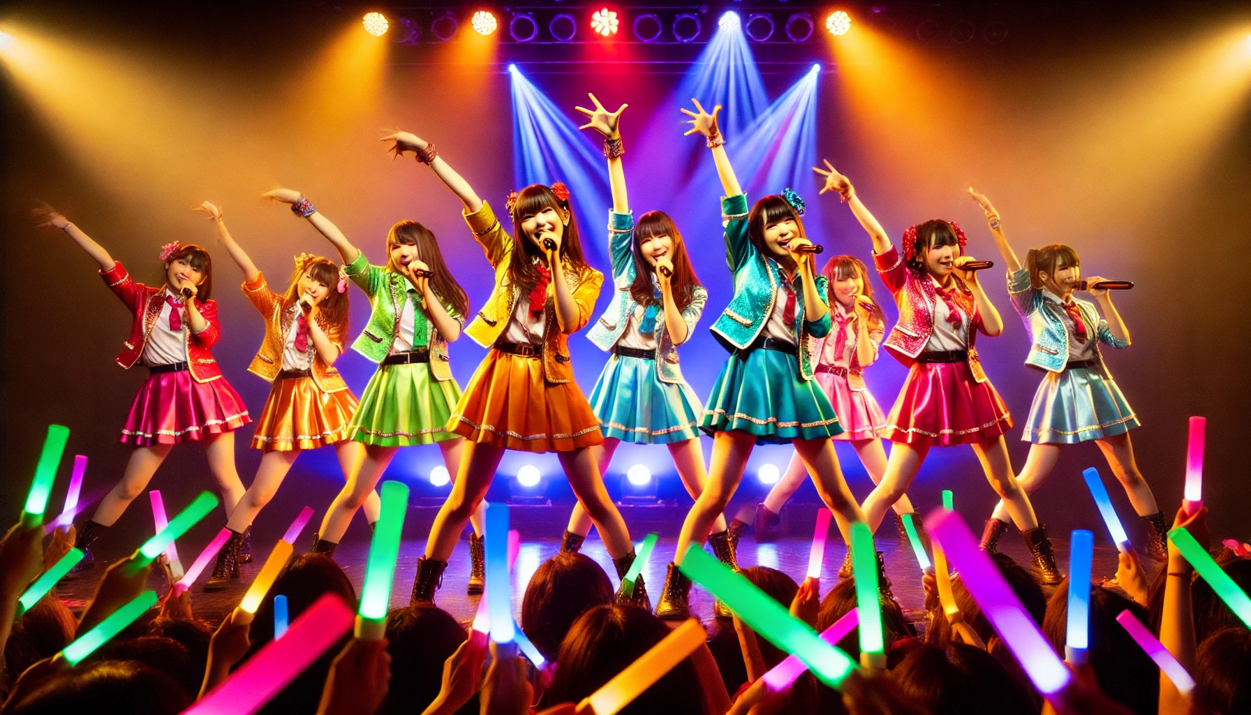 A 6-member Japanese idol group with unique member colors, performing energetically on stage with vibrant lighting. The members are wearing colorful outfits corresponding to their member colors, singing and dancing with enthusiasm. The audience is waving glow sticks matching the members' colors. The atmosphere is lively and exciting.