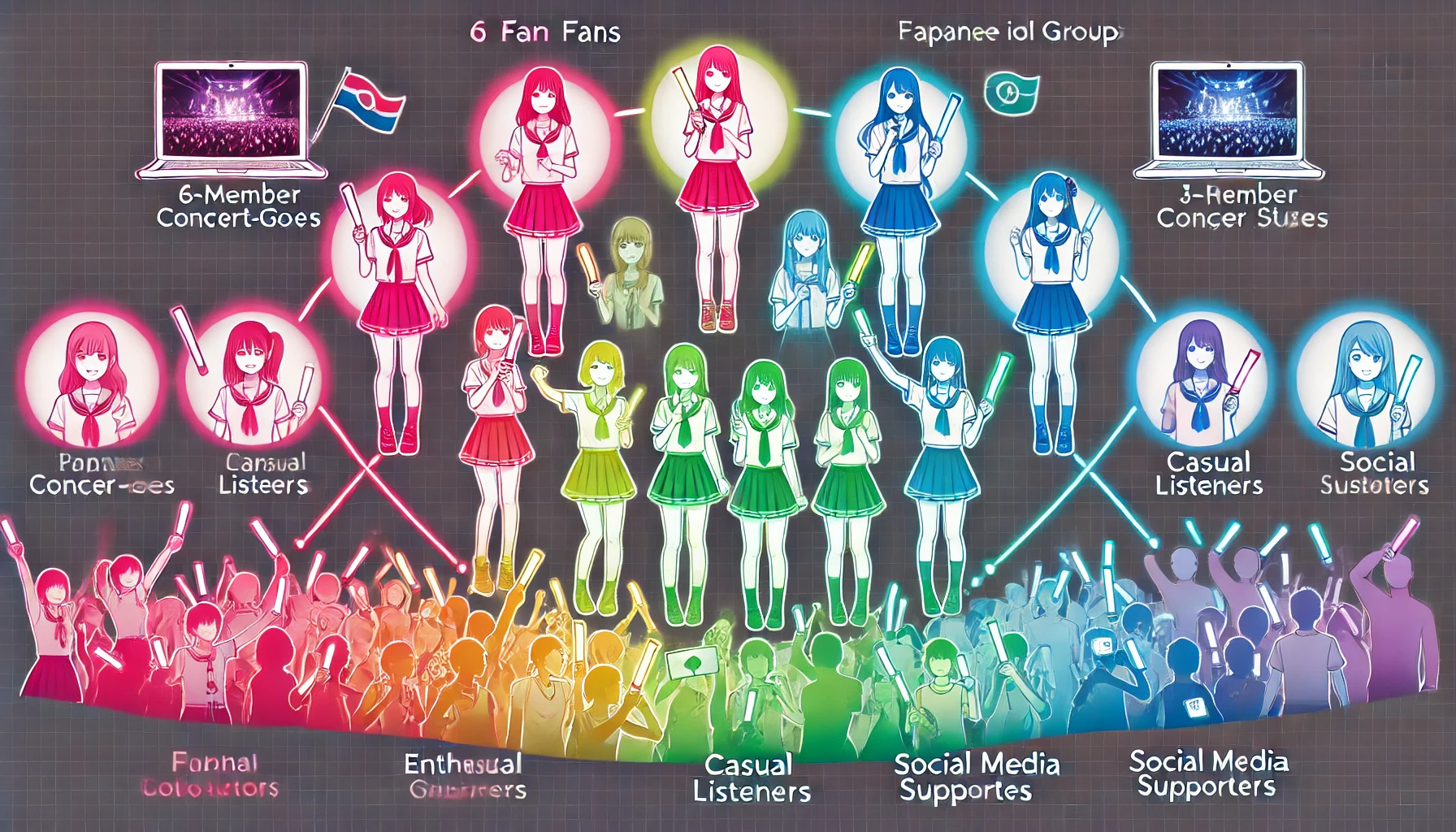 A visual representation of the fan base for a 6-member Japanese idol group with unique member colors. The image showcases different types of fans, such as enthusiastic concert-goers waving glow sticks, casual listeners, and social media supporters. Each fan type is connected to a specific member color, highlighting their diverse support.