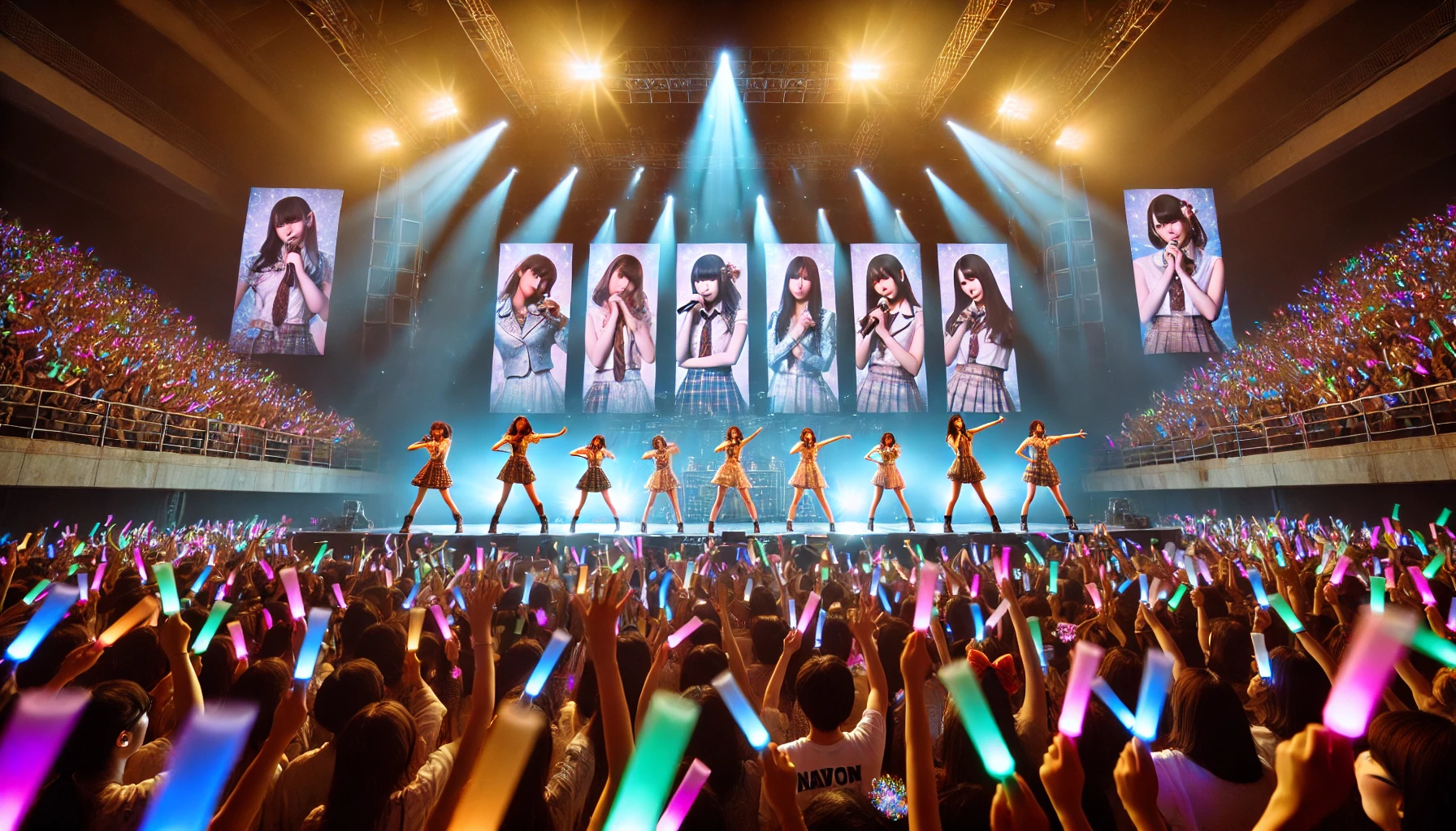 A high-energy live concert of a 6-member Japanese idol group with unique member colors. The members are performing on a grand stage with dazzling lights and large LED screens displaying their images. The audience is fully engaged, waving colorful glow sticks corresponding to each member’s color. The atmosphere is electric with excitement.