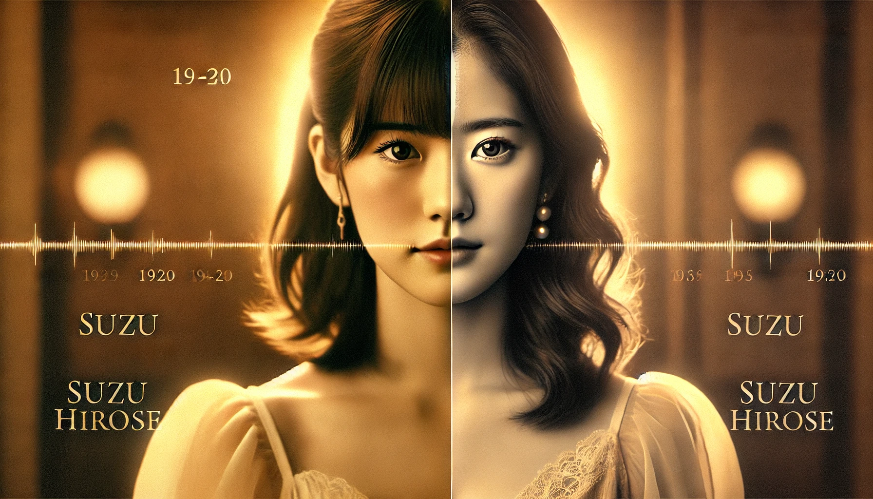 A visually striking comparison of young and current Japanese actress Suzu Hirose, highlighting her transformation over the years. The image should be split into two parts: the left side depicting her youthful, early years with a fresh and innocent look, and the right side showing her in the present with a mature, confident expression. The background should subtly change to reflect the passage of time, from a warm nostalgic glow to a more refined modern aesthetic.