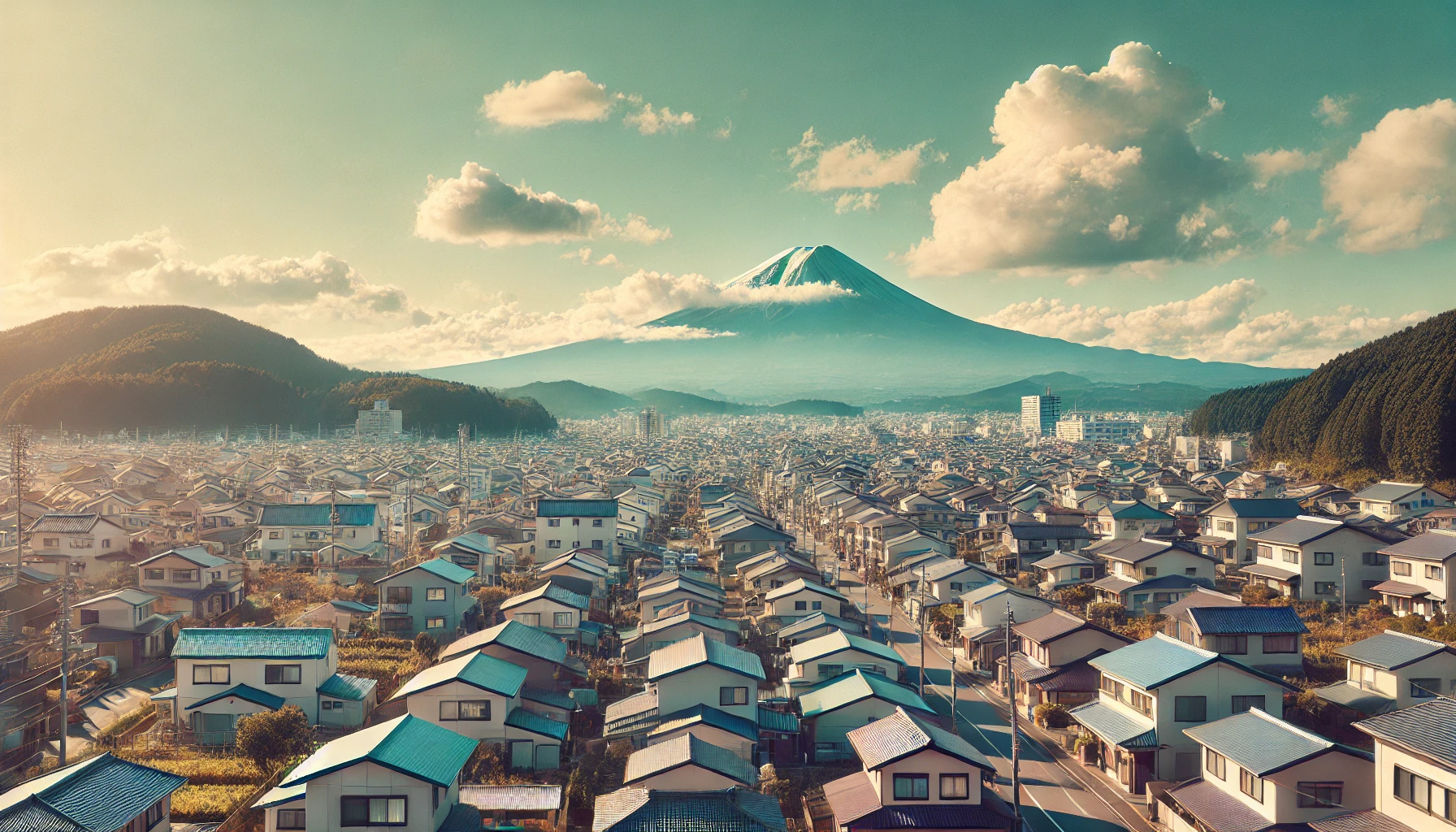 A scenic view of Shizuoka City, Japan, featuring a peaceful residential area with a clear blue sky and Mount Fuji in the background. The image should capture the essence of a quiet, suburban neighborhood where a famous actress might have grown up. No text.