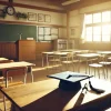 A quiet Japanese graduation ceremony scene, featuring an empty high school classroom with sunlight streaming through the windows. A graduation cap and diploma rest on a wooden desk, symbolizing the completion of school life. No text.