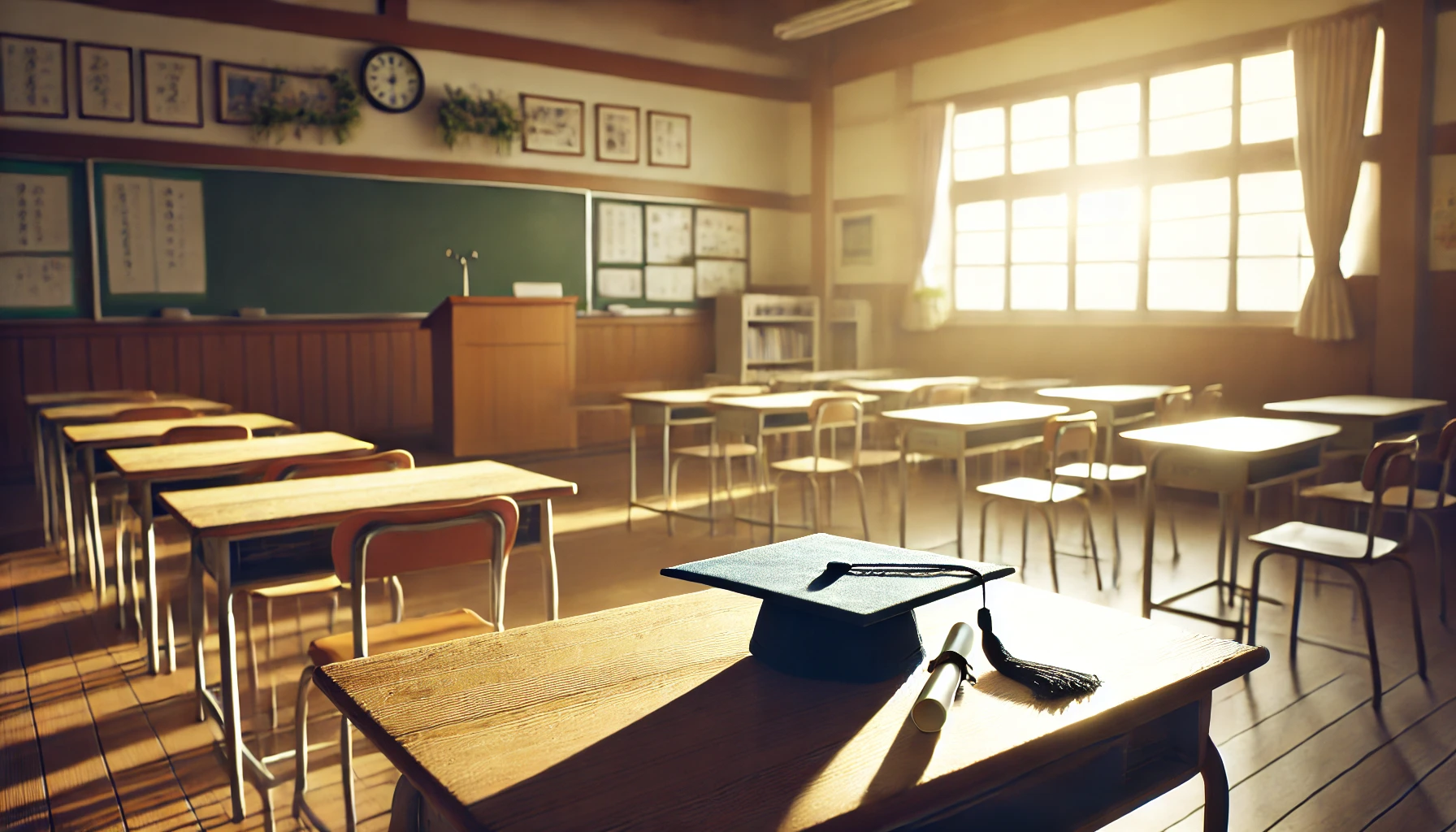 A quiet Japanese graduation ceremony scene, featuring an empty high school classroom with sunlight streaming through the windows. A graduation cap and diploma rest on a wooden desk, symbolizing the completion of school life. No text.