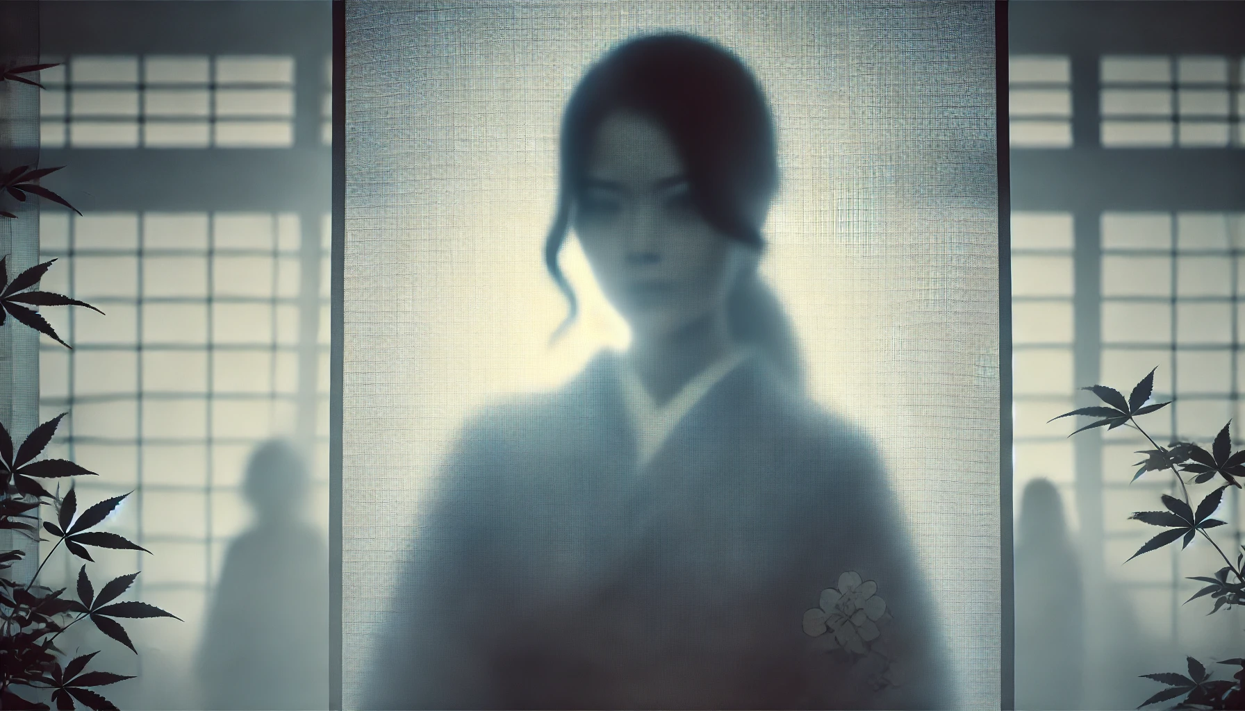 A symbolic representation of the mystery surrounding the beautiful mother of actress Suzu Hirose. The image features a blurred, shadowed figure of a Japanese woman behind a translucent screen, emphasizing secrecy and non-disclosure. The atmosphere is enigmatic, with soft lighting creating an air of intrigue. The background is minimal, drawing focus to the hidden identity of the woman.