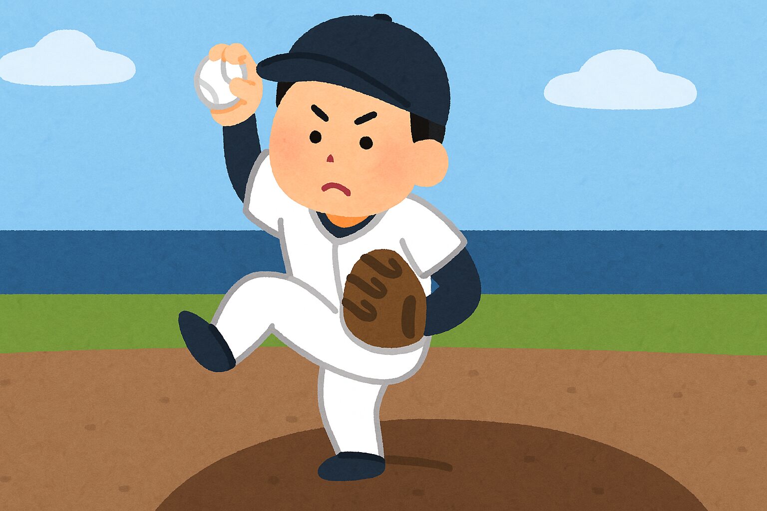 野球場で白いユニフォームを着た投手が力強く投球動作をしているイラスト