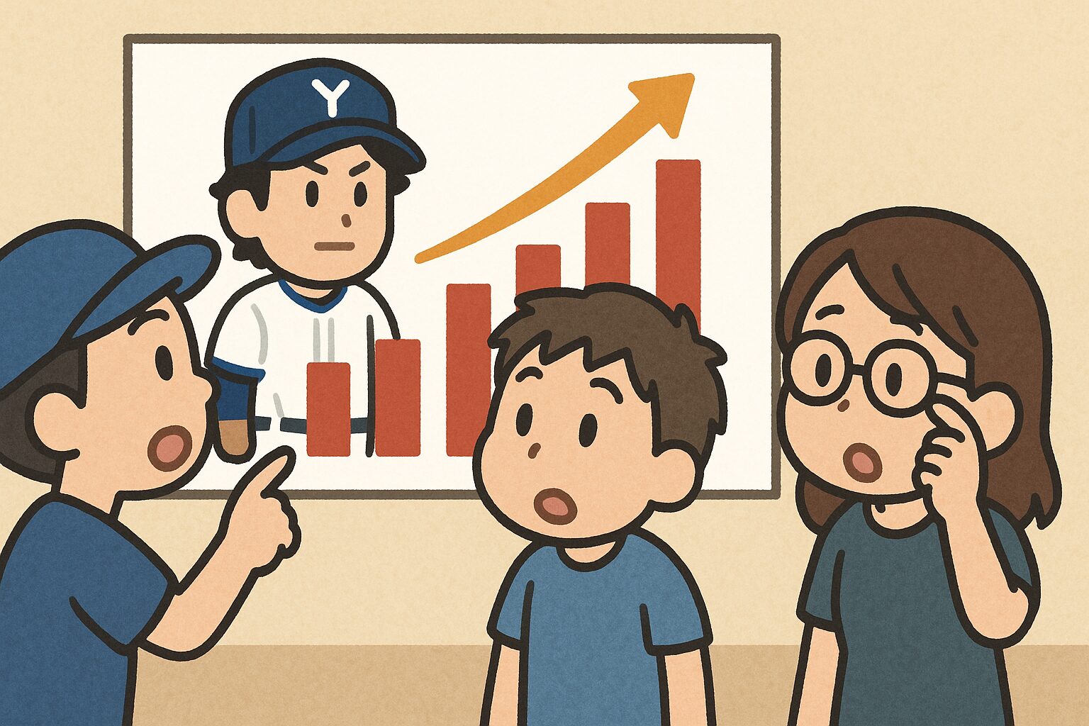 グラフを背景に野球選手の年俸推移について議論する3人のファンのイラスト