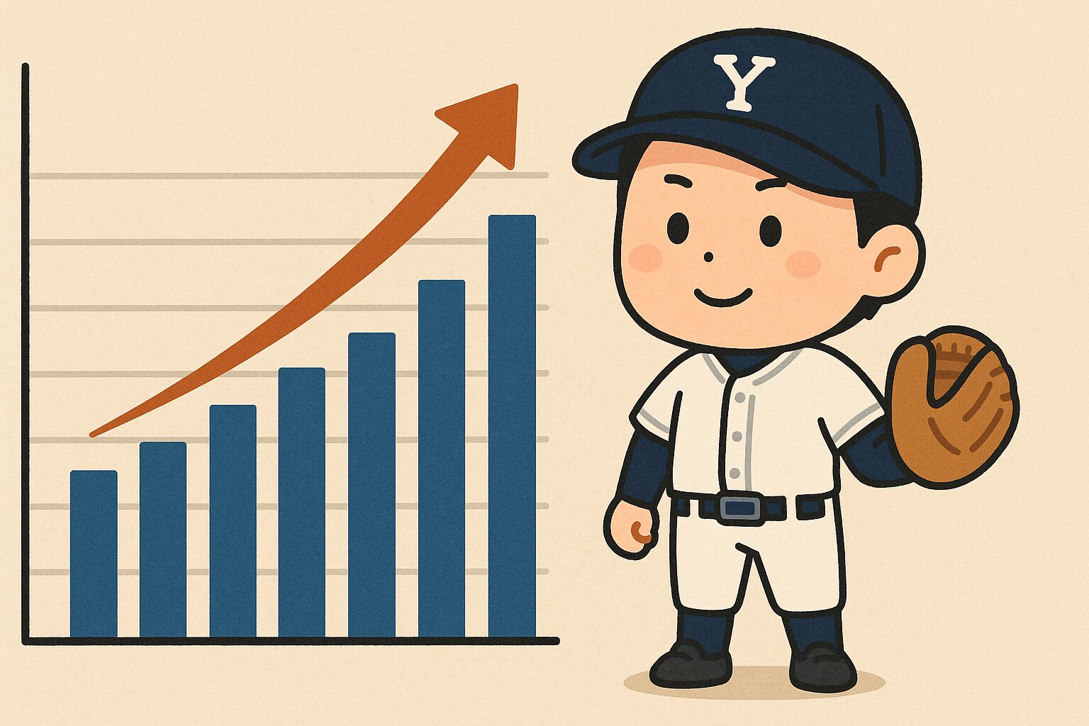 かわいらしい野球選手がグローブを持ち、年俸推移を示すグラフの前に立っているイラスト