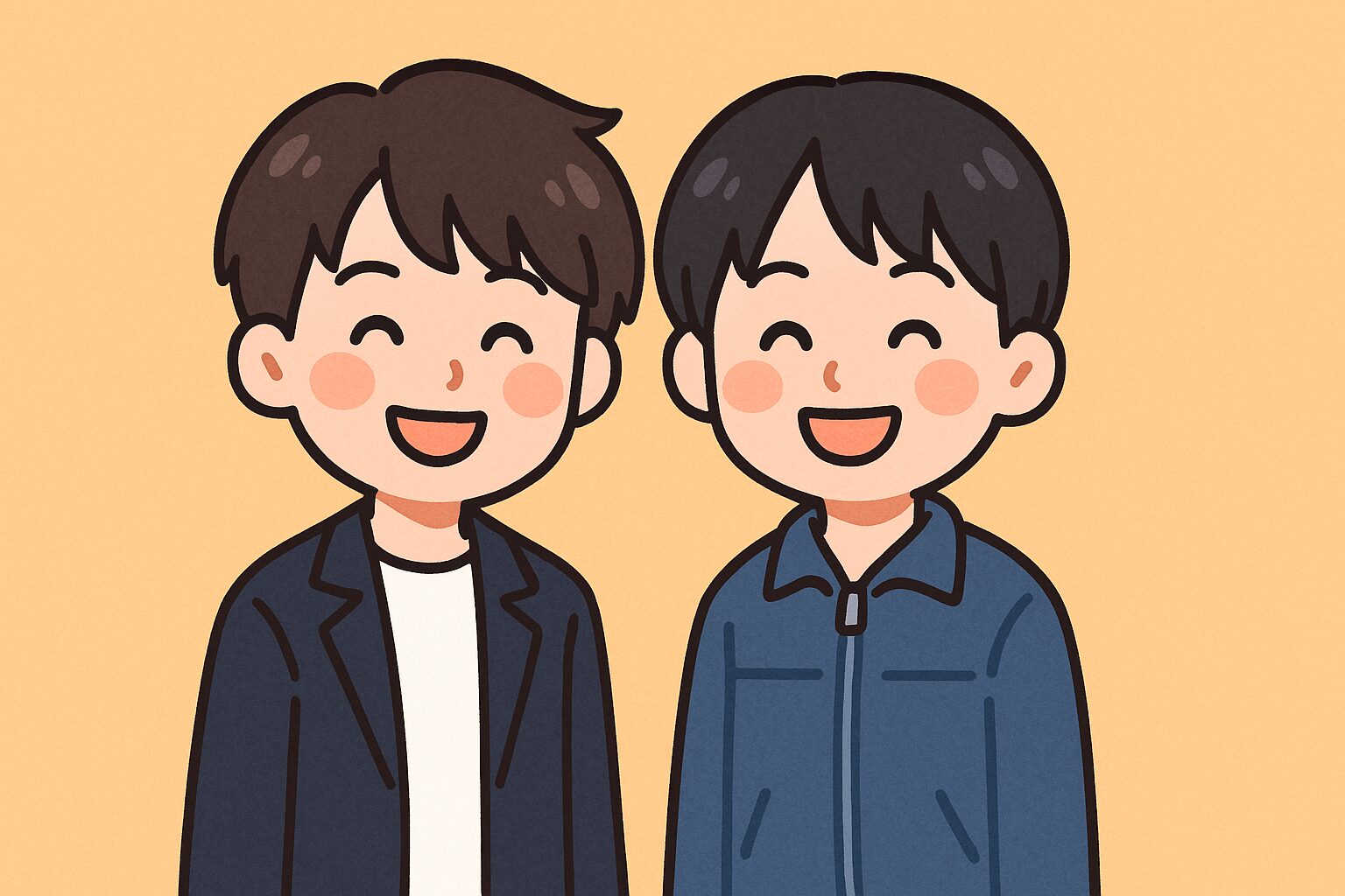 笑顔で並ぶ日本人男性アイドル風の二人が描かれた、そっくりな雰囲気のイラスト