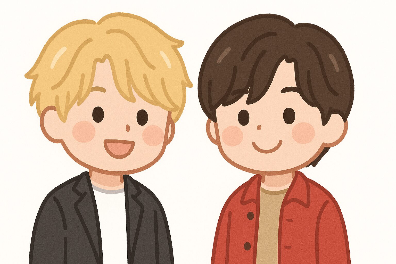 金髪の男性と黒髪の男性アイドルが並んで立っている、笑顔でそっくりな日本人キャラクターのイラスト