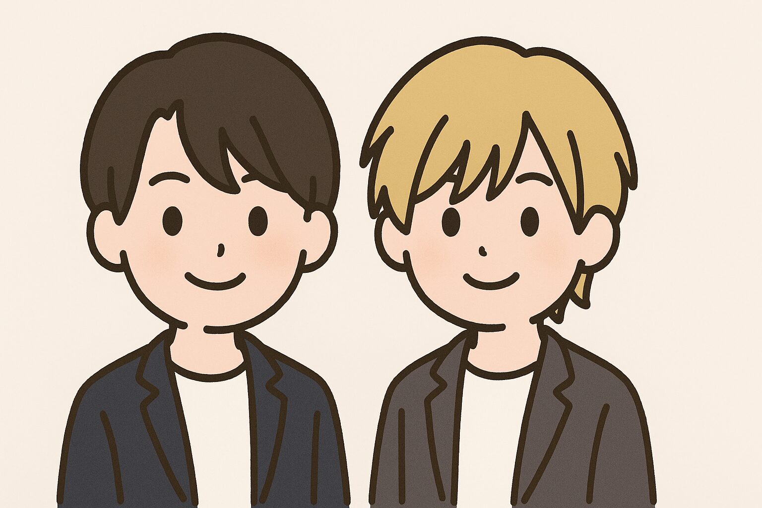 2人の日本人男性アイドルのファンが金髪のそっくりな2人を話題にしている様子のイラスト