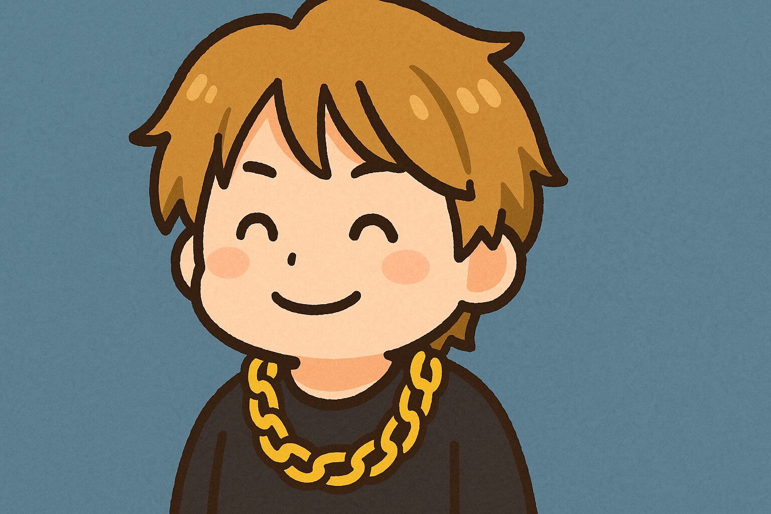 茶色系金髪の日本人男性アイドルが黒い服に太い金のネックレスを着けて笑っている様子