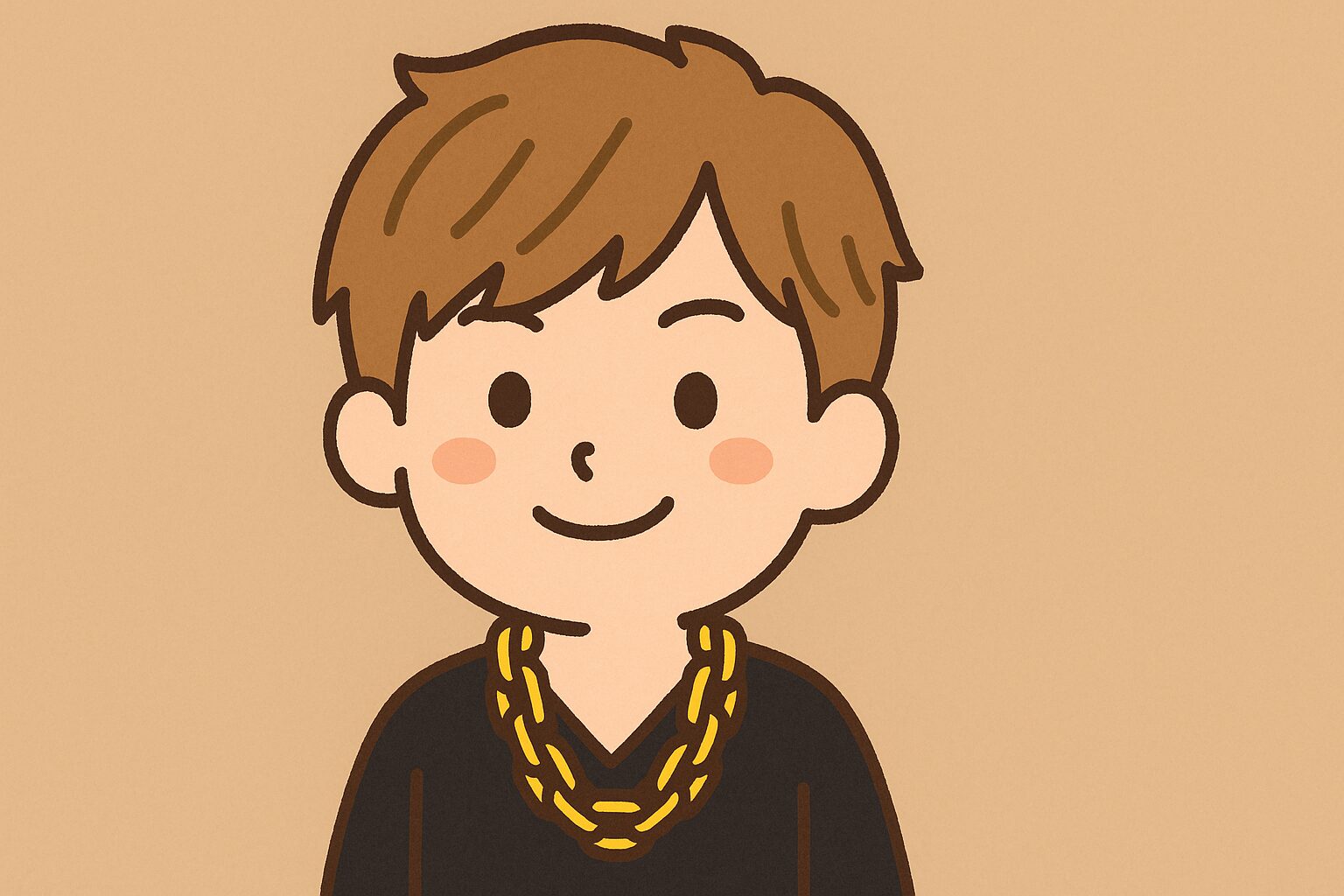 茶色系金髪の日本人男性アイドルが黒い服に太いネックレスをつけて微笑んでいるイラスト