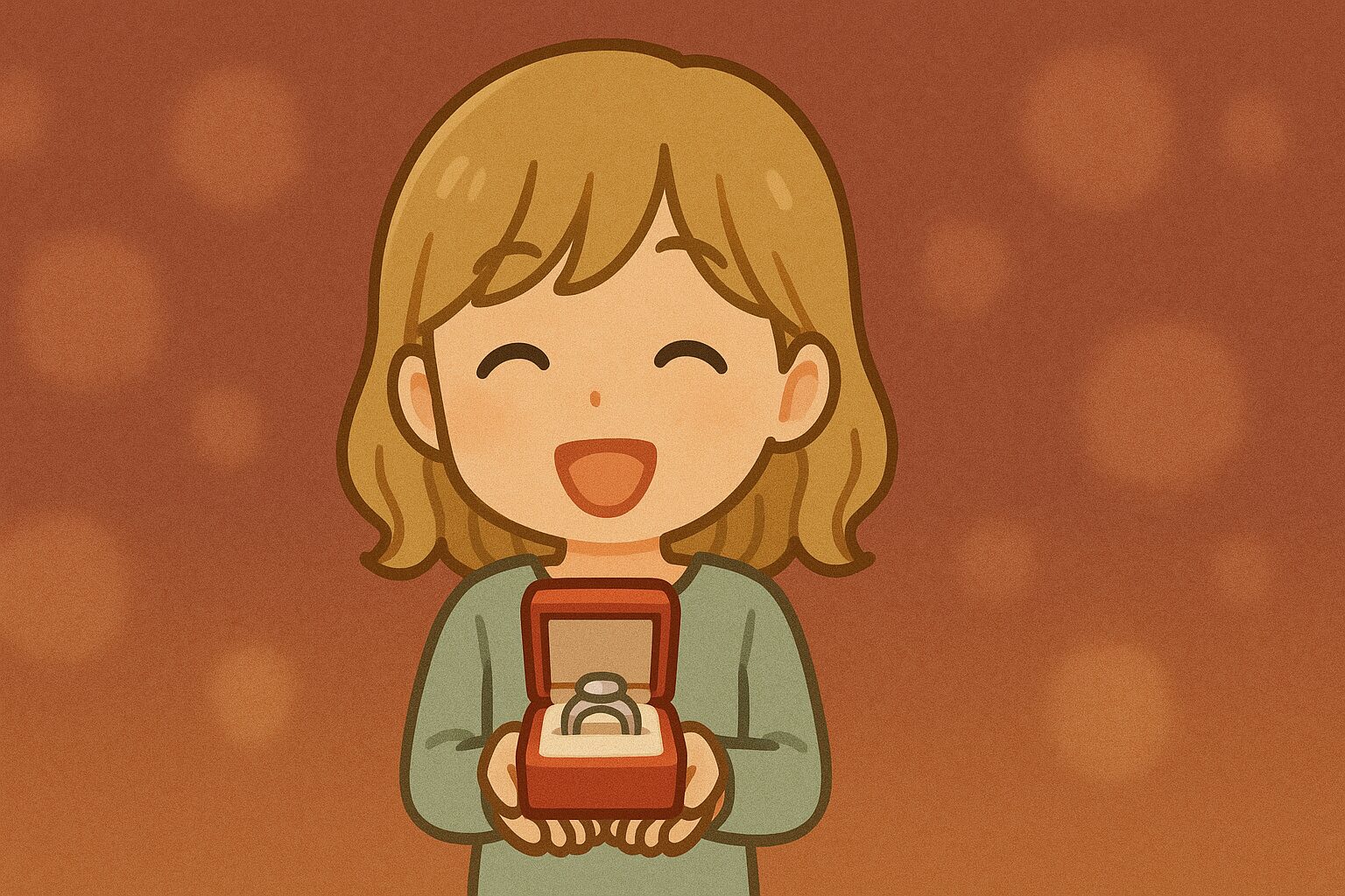 日本人の女性ファンが赤い箱に入った指輪を手にして満面の笑みを浮かべているイラスト。