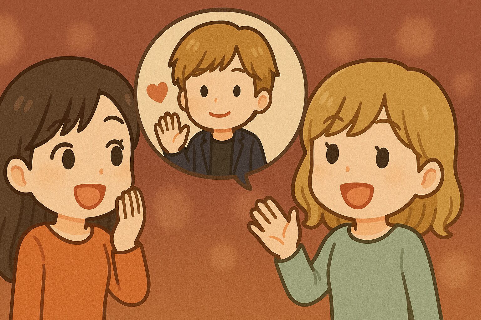 日本人の女性ファン2人が金髪男性アイドルについて楽しげに話している様子のイラスト。