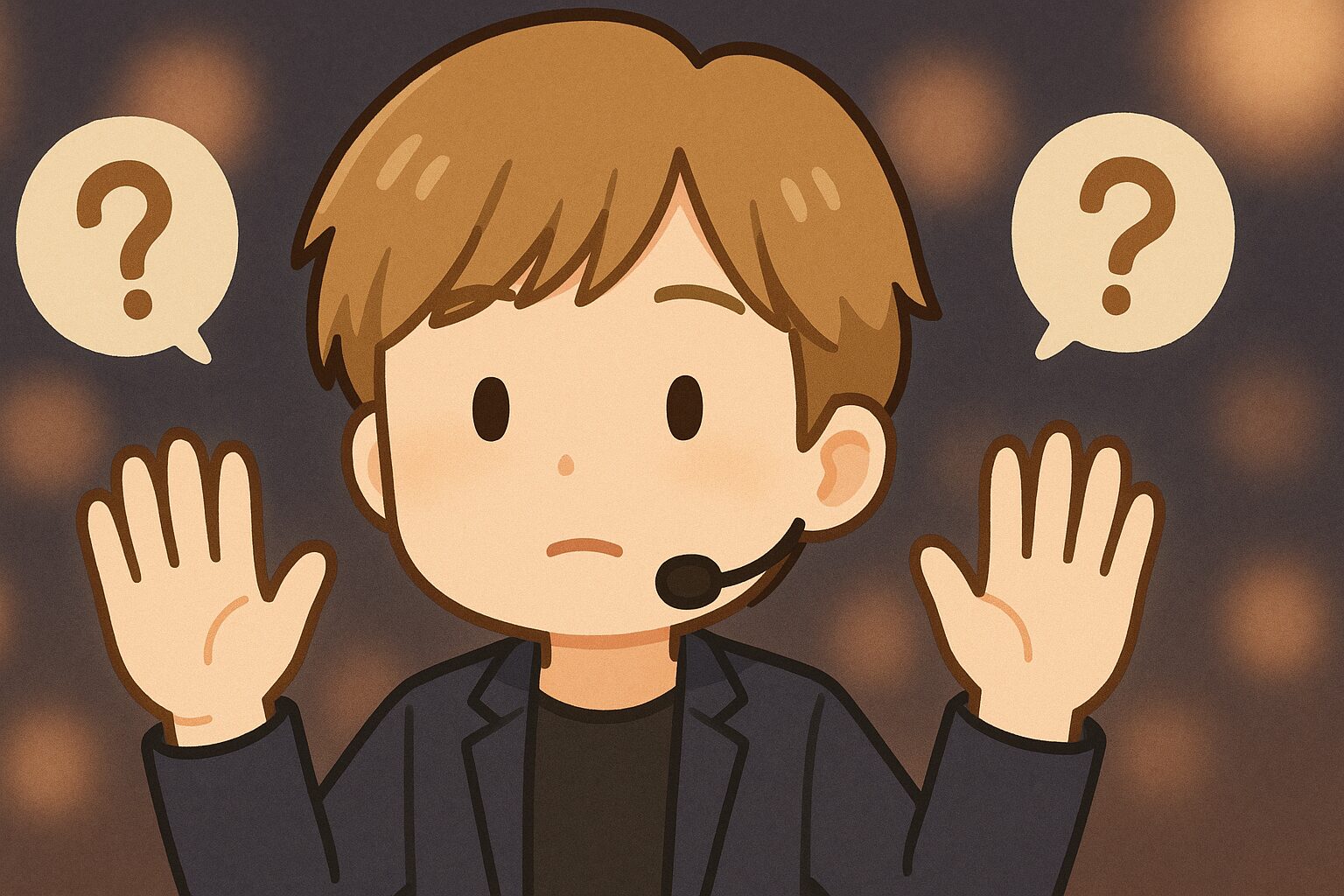 日本人男性アイドルが両手を上げて指輪の有無に戸惑う表情をしているイラスト。