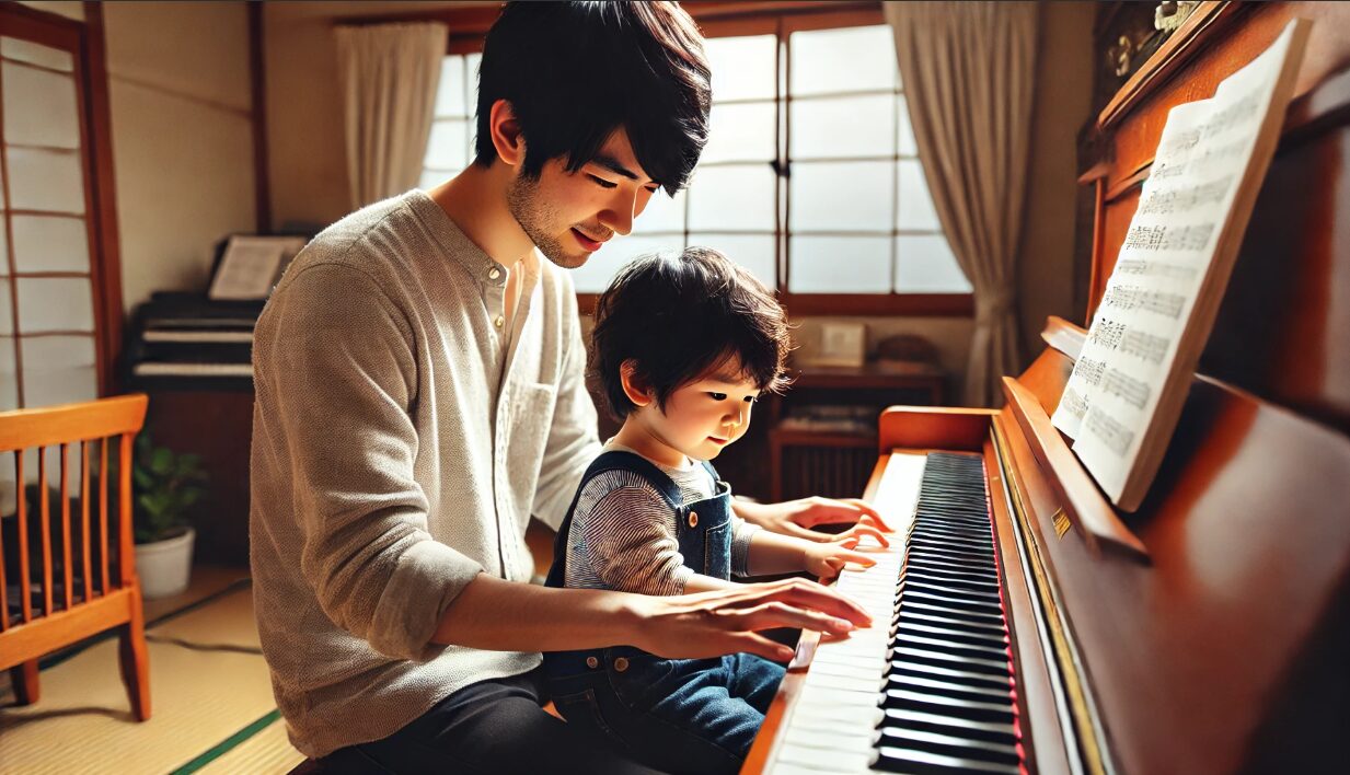 幼い日本人の男の子が父親と一緒に家庭のピアノで演奏練習をしている様子。音楽的才能の原点を象徴する温かな場面。