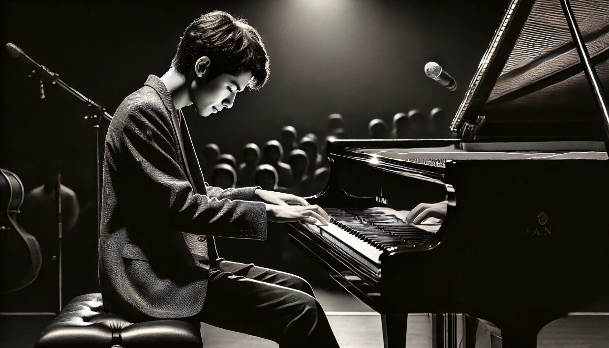 若い日本人男性がステージでグランドピアノを演奏しながら、両手を巧みに使ってジャズ風のアレンジを披露する演奏シーン。