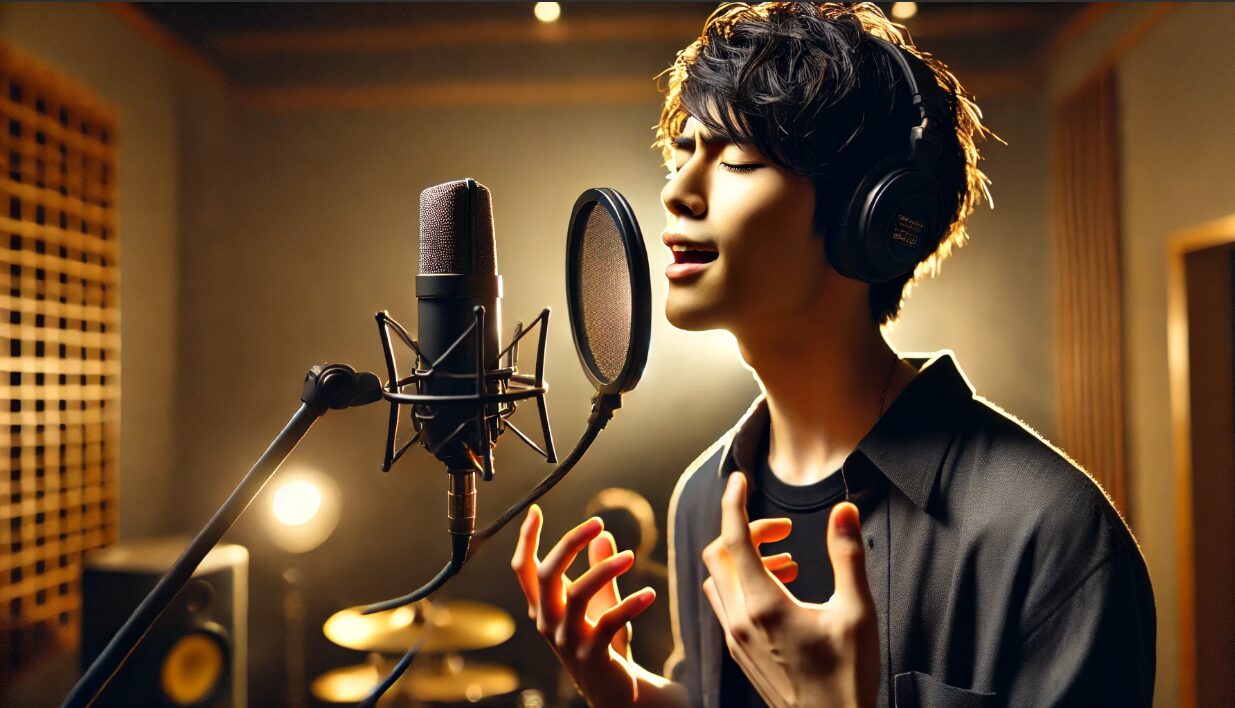 音楽スタジオで目を閉じて感情豊かに歌う日本人の若手男性ボーカリスト。繊細な歌声と表現力を強調したシーン。