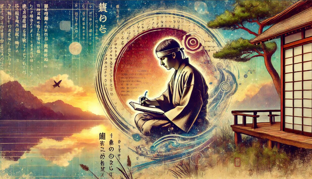 湖畔の夕暮れ時、一人でノートに歌詞を書きながら思索にふける日本人の男性ミュージシャン。哲学的な歌詞の創作過程を表現。