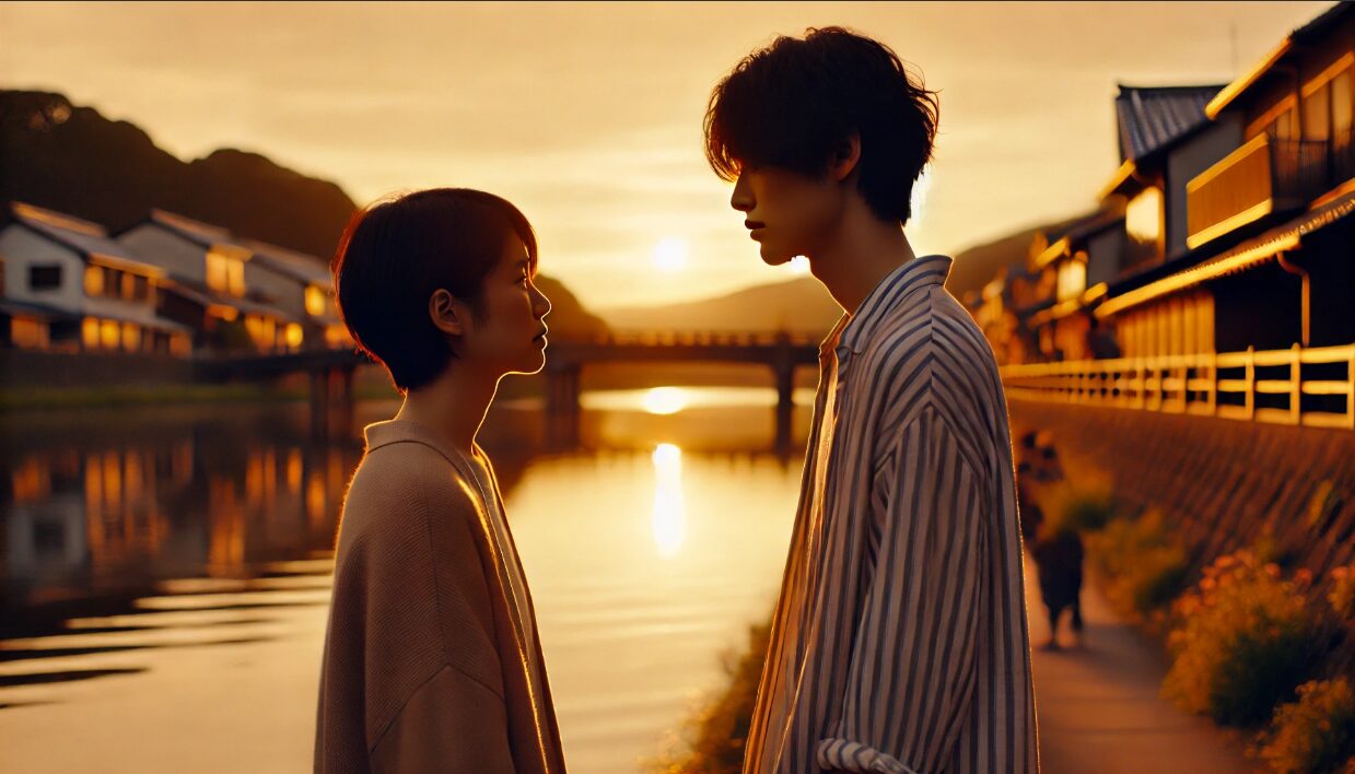 夕暮れの川辺で、顔が見えない誰かを静かに見つめる日本人男性。性別や関係性を明示しない穏やかなシーンが、誰にでも当てはまる普遍的な愛のあり方を表現している。
