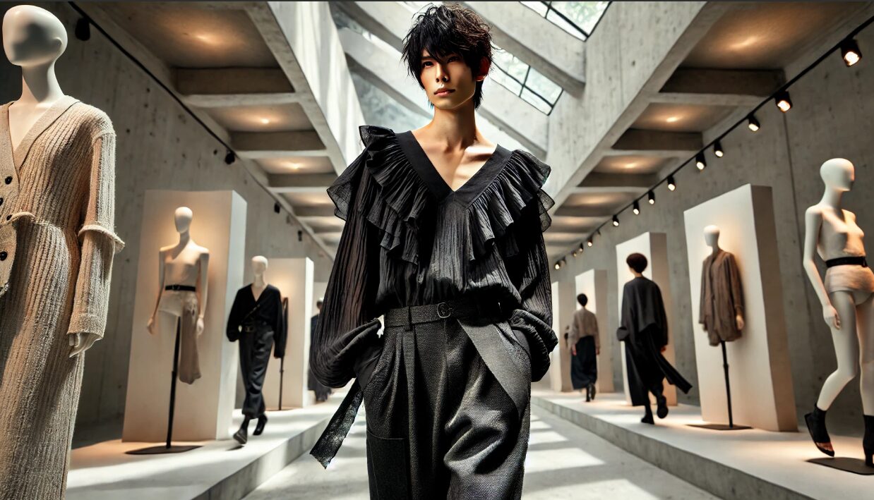 アバンギャルドなスタイルのジェンダーレスな服をまとい、都会的な背景の中を歩く日本人男性。中性的で洗練されたファッションが、従来の性別の枠を超える美意識を表現している。