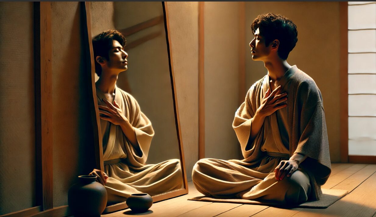 鏡の前で目を閉じ、胸に手を当てて深く内省する日本人男性。鏡の中には、より神聖で穏やかな自己像が映し出されており、自己愛とスピリチュアルな自己との統合を象徴している。