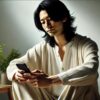 ジェンダーレスな装いでスマートフォンを手に持ち、インスタの質問に静かに答える日本人男性。自然光が差し込むミニマルな部屋で、誠実さと穏やかさを感じさせる表情を浮かべている。
