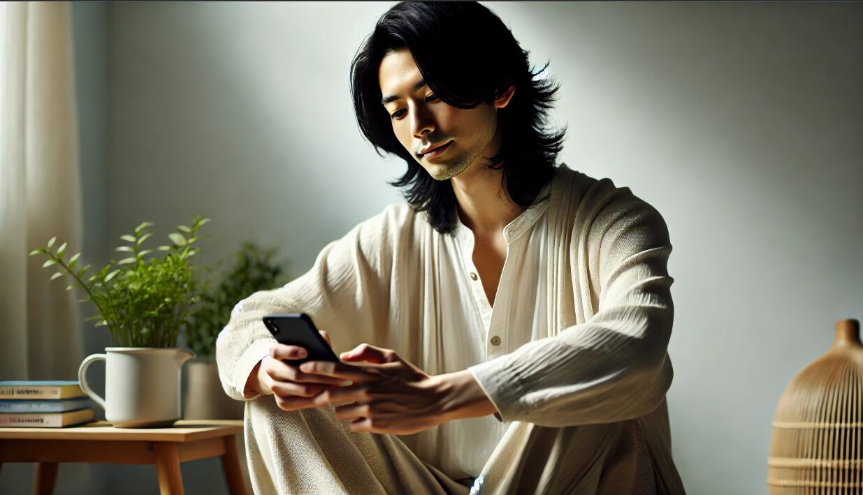ジェンダーレスな装いでスマートフォンを手に持ち、インスタの質問に静かに答える日本人男性。自然光が差し込むミニマルな部屋で、誠実さと穏やかさを感じさせる表情を浮かべている。