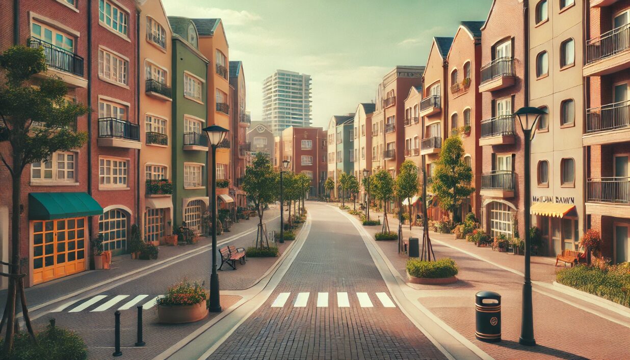 幕張ベイタウンのような欧風な街並みと公園が映る、晴れた日の穏やかな風景。カラフルな建物と整備された道路が印象的で、MVの撮影地としての雰囲気が感じられる。