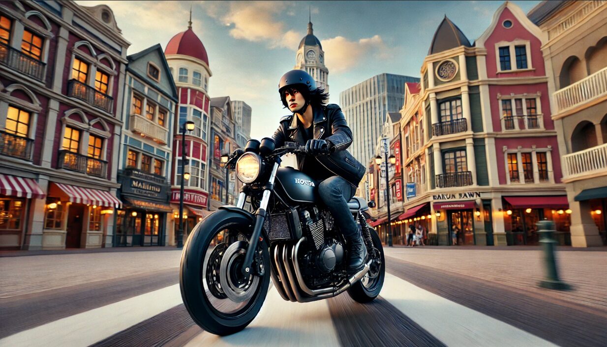 西洋風の街並みが広がる幕張ベイタウン風の道路を、ヘルメット姿の日本人男性がカスタムバイクで走り抜けるシネマ風のワンシーン。