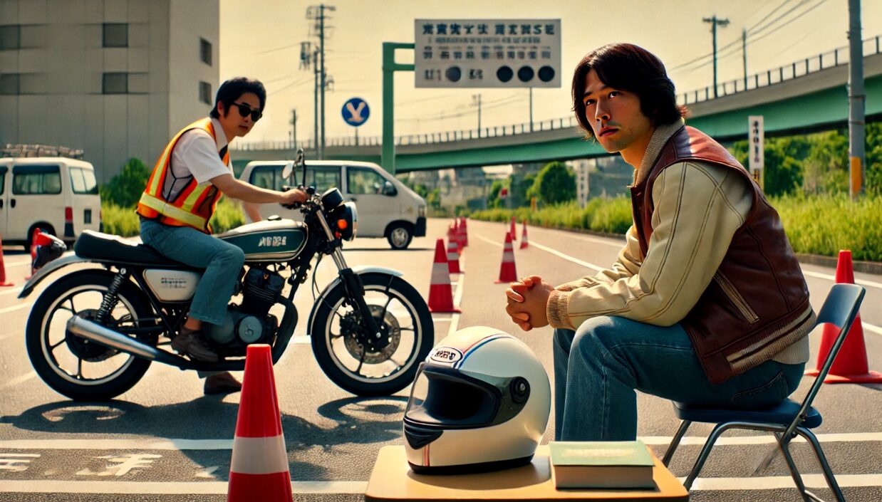 日本の教習所で、ヘルメットをかぶった若い日本人男性がインストラクターと話しながらバイクの前に立っている風景。背景には白線やパイロンがある屋外の教習コース。