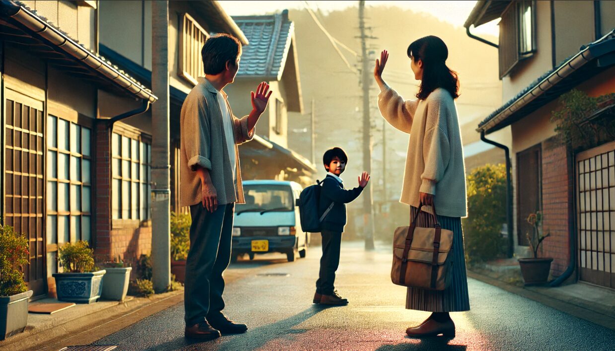 日本の住宅街で、登校する子供を家の前で手を振って見送る中年の日本人夫婦。子供が角を曲がって見えなくなるまで見守る温かな家族愛を描写。