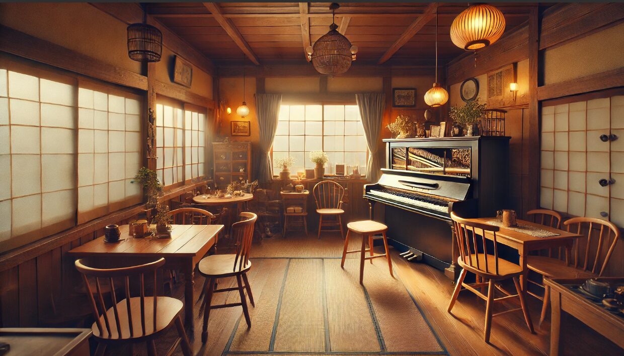岡山の田舎町にある木製インテリアとピアノが特徴的な日本の喫茶店の内装。藤井風の才能が育まれた実家兼喫茶店の雰囲気を表現。