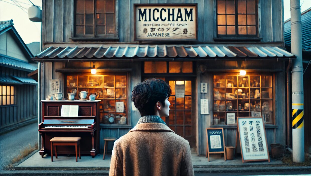 冬の夕方、閉店したノスタルジックな日本の喫茶店の前に立つ若い日本人男性。かつての原点を静かに見つめる姿が印象的な感傷的な情景。