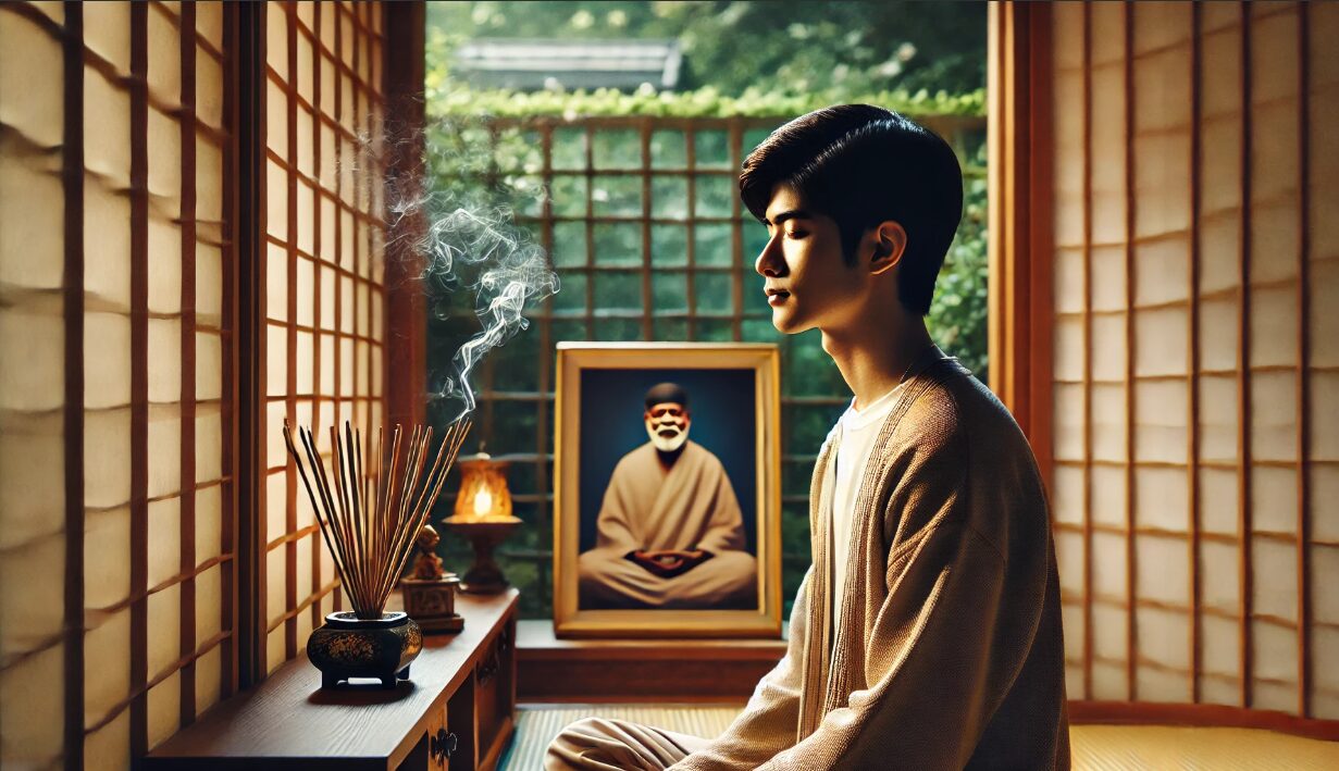 日本の伝統的な和室で瞑想する若い日本人男性。背後には写真と香が焚かれた小さな祭壇があり、精神性の継承を象徴する静かなシーン。