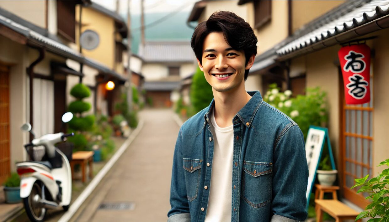 岡山の田舎町の風景を背景に、笑顔で会話する若い日本人男性。方言を交えた自然な喋り方をイメージさせる、地元に根差した温かみのあるシーン。